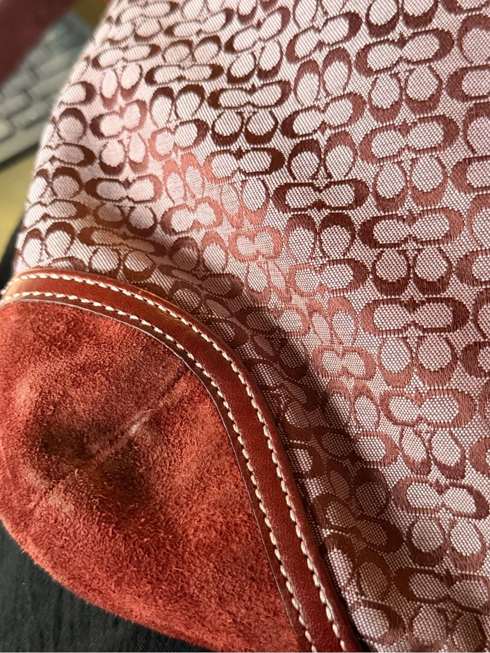 Coach Burgundy Signature Monogram Crossbody Bag with Red Leather Trim